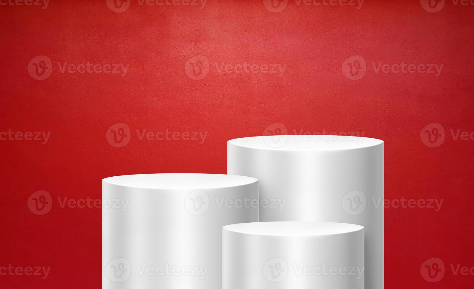 White shelves in a studio room for displaying products, red background. photo