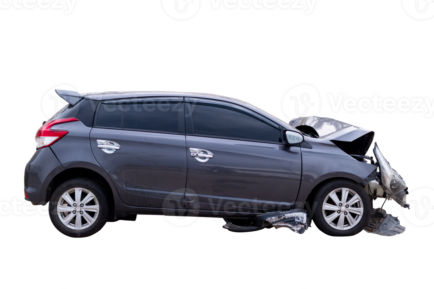 Car crash, Side view of gray sedan car get damaged by accident on the road. damaged cars after collision. isolated on transparent background. File png