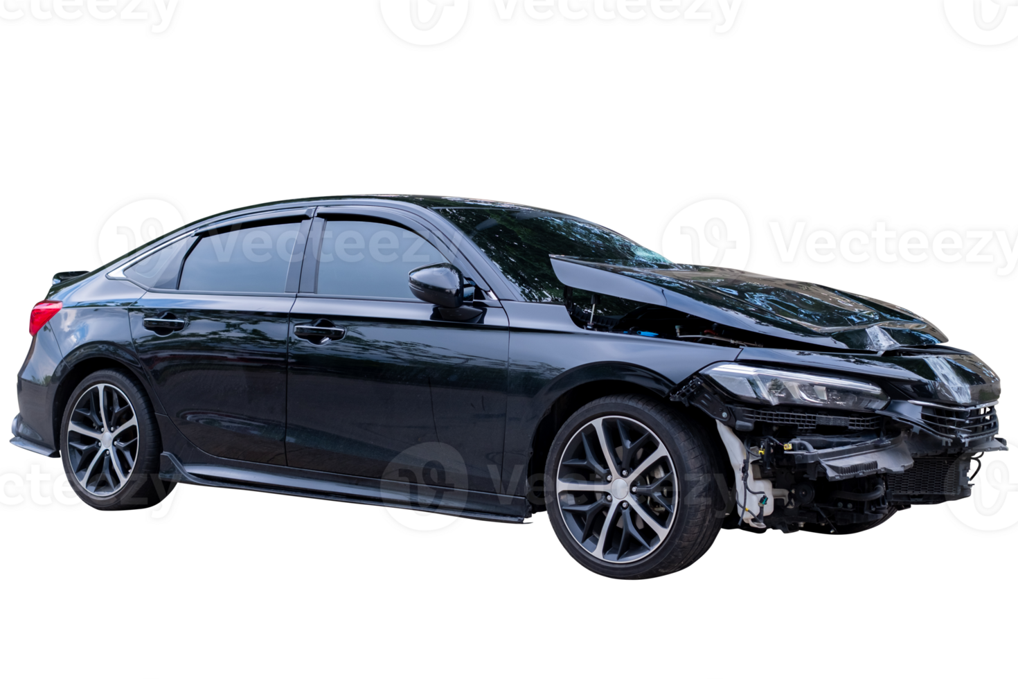 Car crash, Front and Side view of black sedan car get damaged by accident on the road. damaged cars after collision. isolated on transparent background. File png