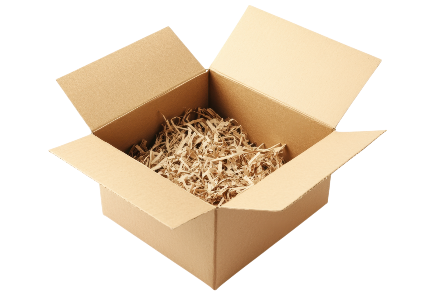 Empty open cardboard box with flaps folded outward isolated on transparent background png