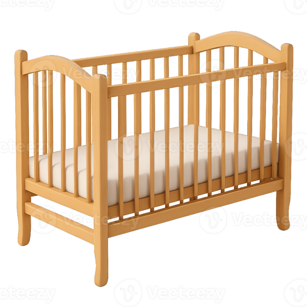 Nursery Crib Made of Light Wood With a Mattress for Infants in a Cozy Childrens Room Setup png