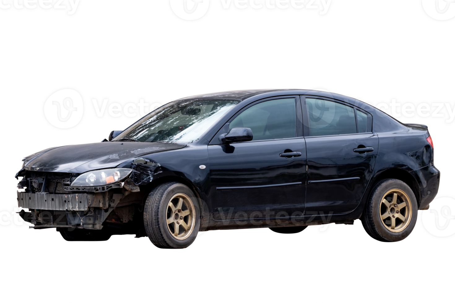 Car crash, Front and Side view of black sedan car get damaged by accident on the road. damaged cars after collision. isolated on transparent background. png