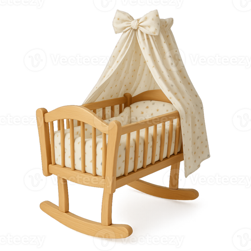 Wooden Rocking Crib With Canopy and Soft Bedding for Infants in a Nursery Setting png
