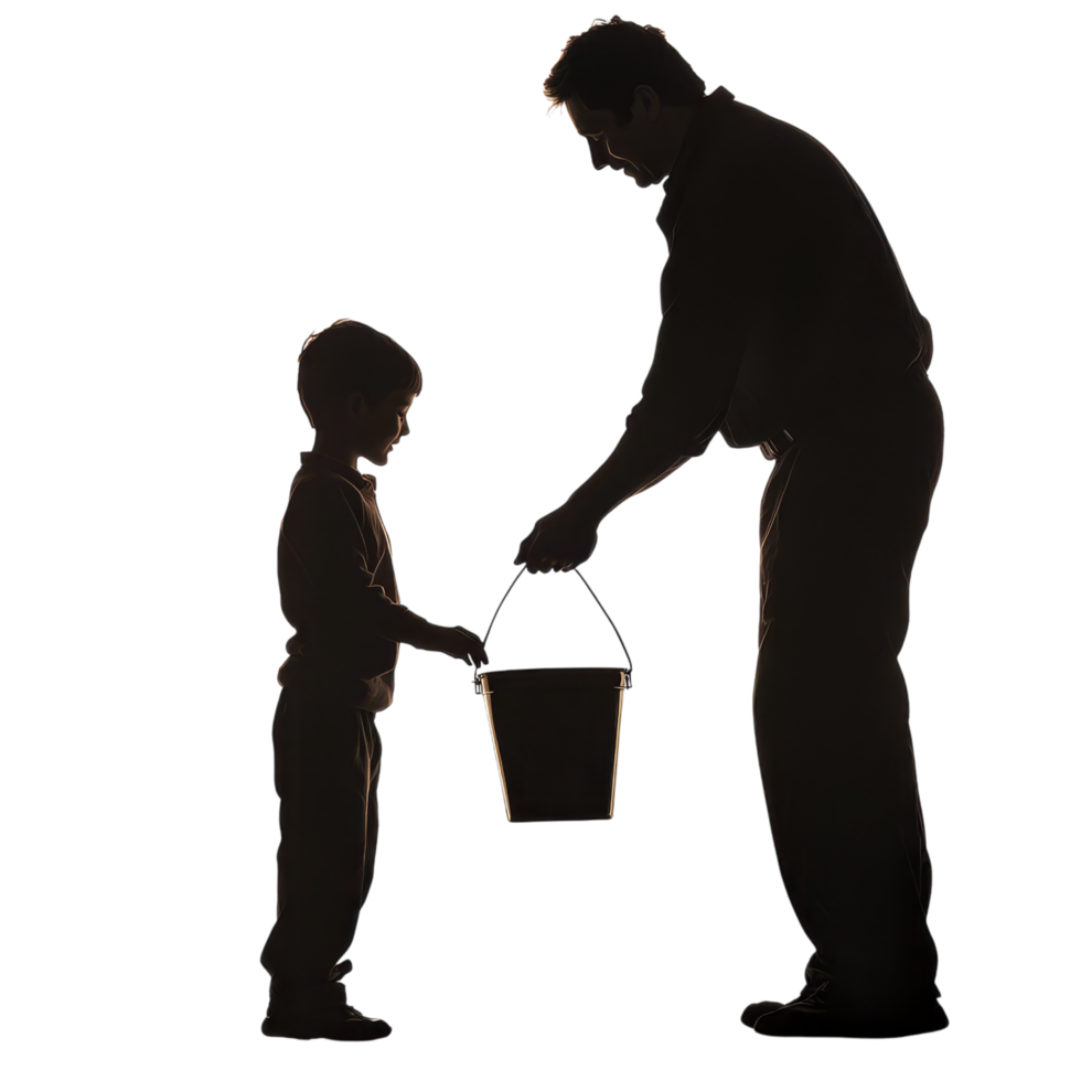 Adult Handing a Bucket to a Child in a Silhouette Scene. Isolated on a Transparent Background png