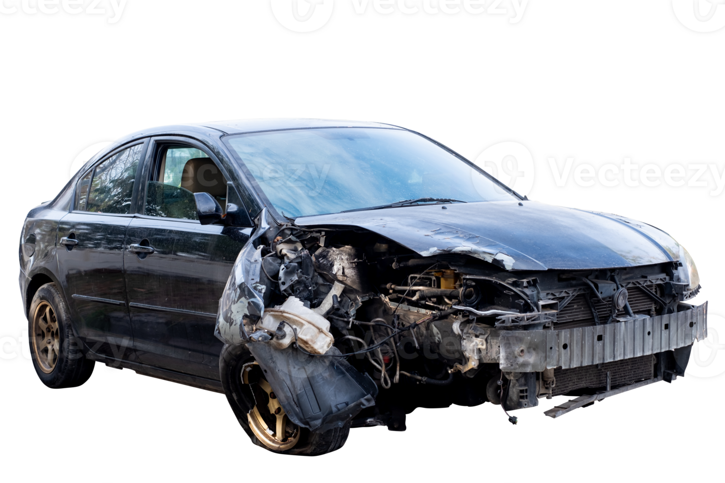 Car crash, Front view of modern black sedan car get damaged by accident on the road. damaged cars after collision. isolated on transparent background, File png