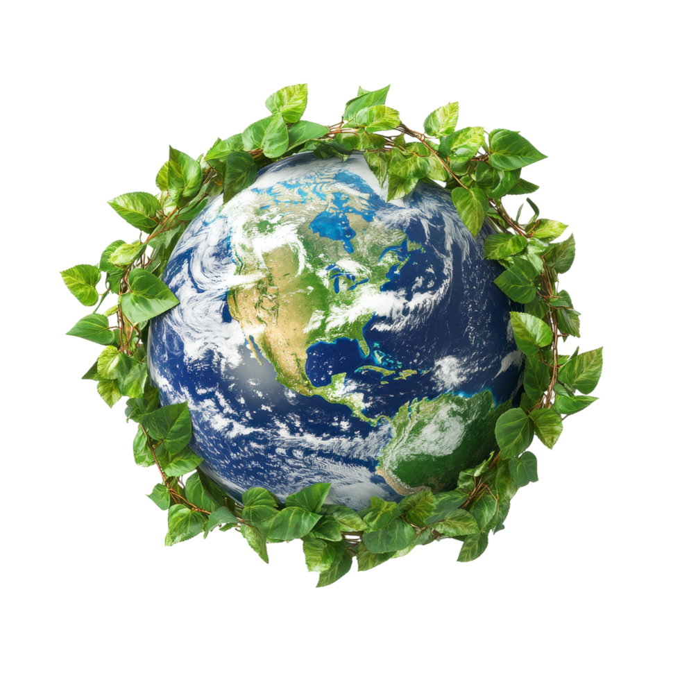 Globe covered in vibrant green leaves isolated on transparent background png