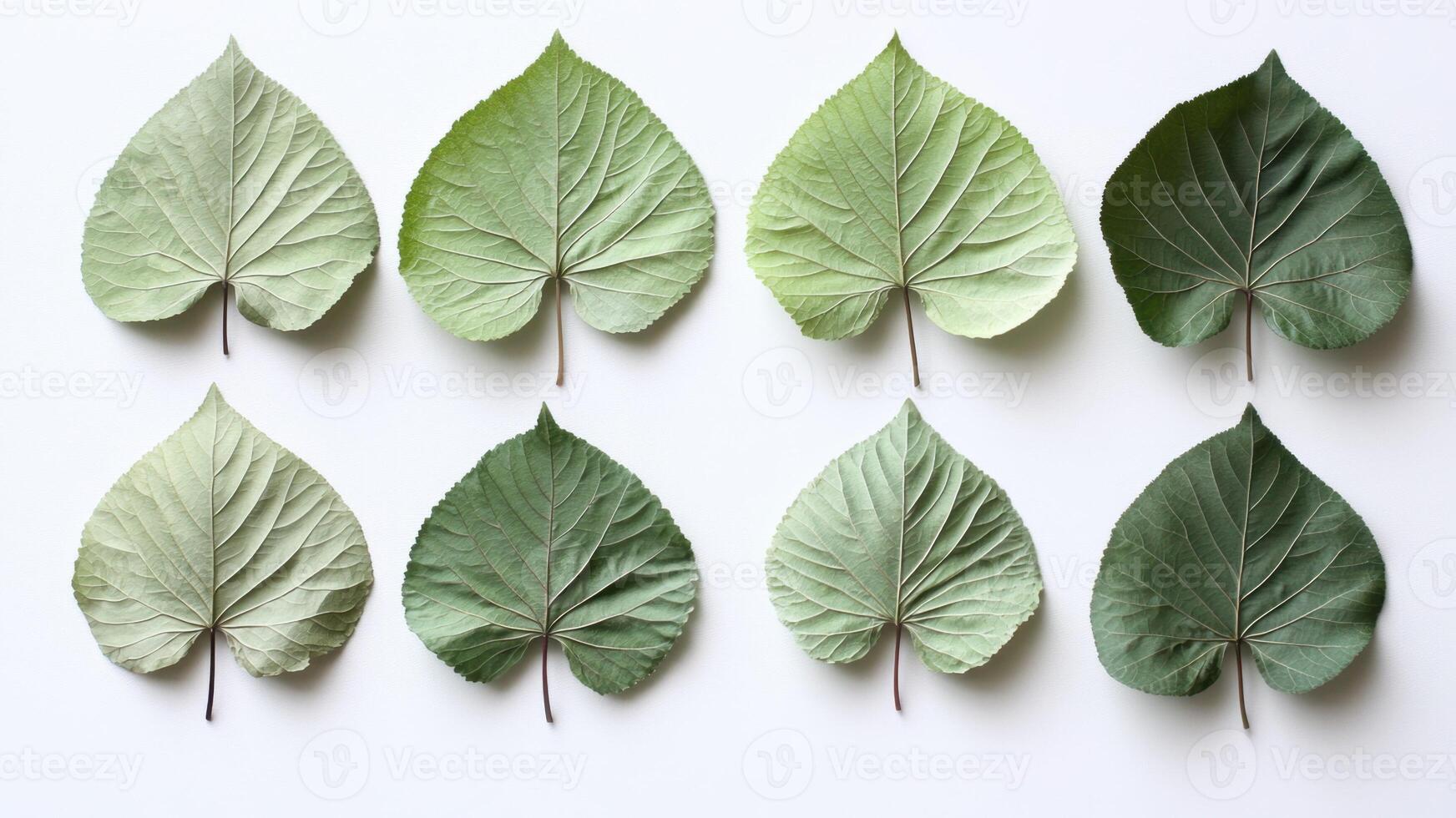Eight Green Leaves on a White Background, Evenly Distributed Flat Lay photo