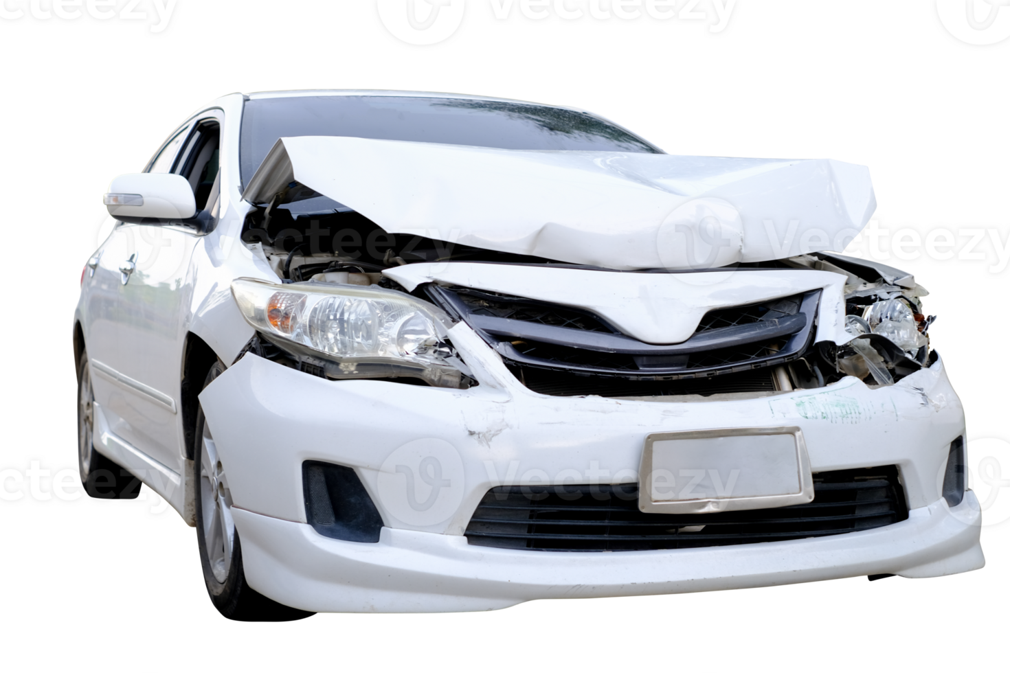 Car crash, Front and Side view of white sedan car get damaged by accident on the road. damaged cars after collision. isolated on transparent background. File png