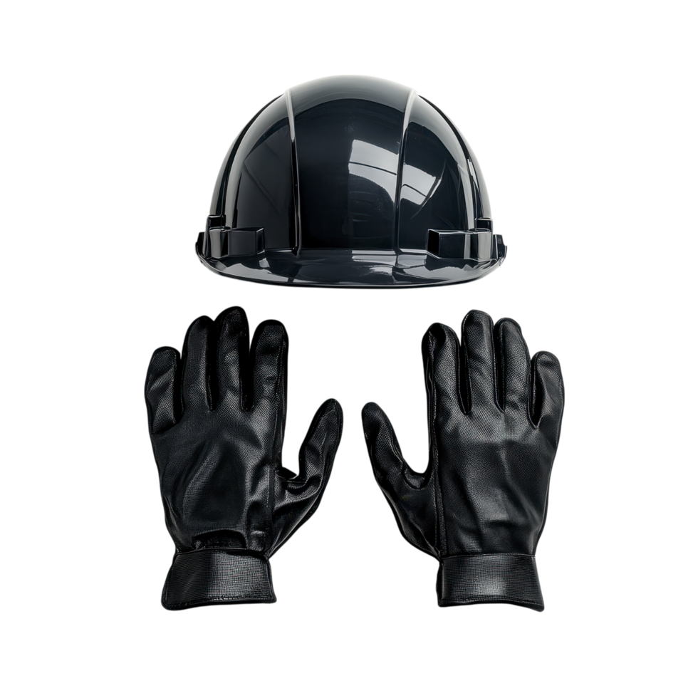 Black hard hat and protective gloves isolated on transparent background png