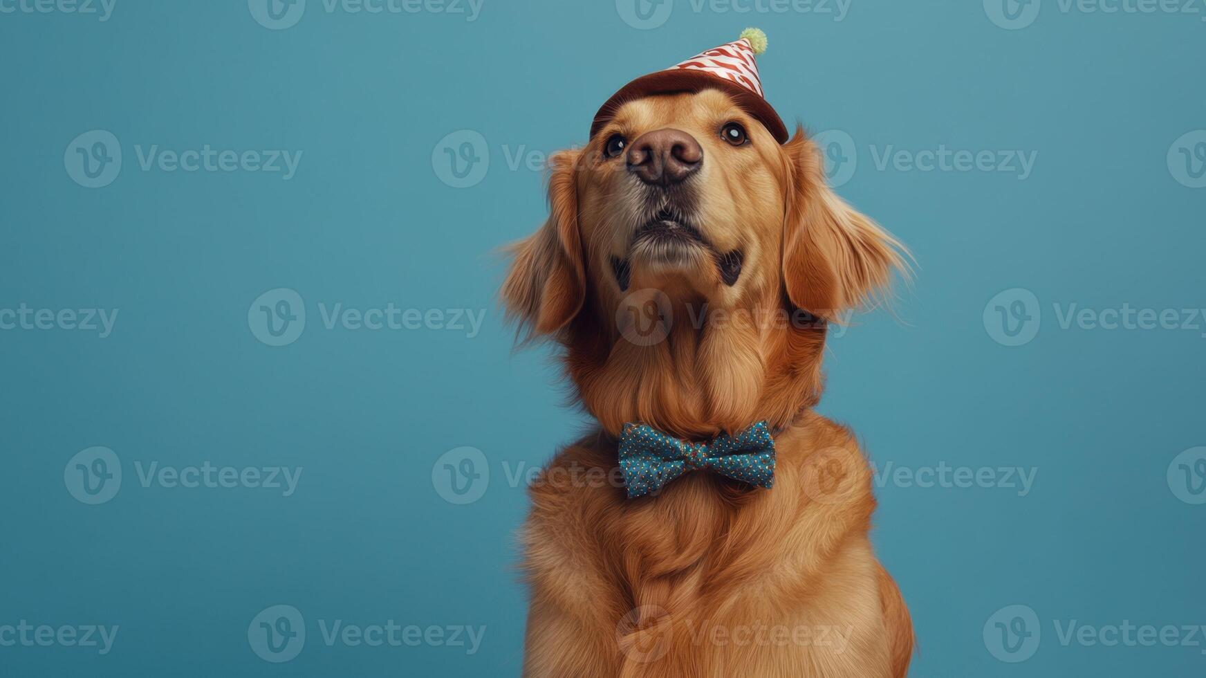 Golden Retriever With Party Hat and Bow Tie on Blue Backdrop, Looking Upwards photo