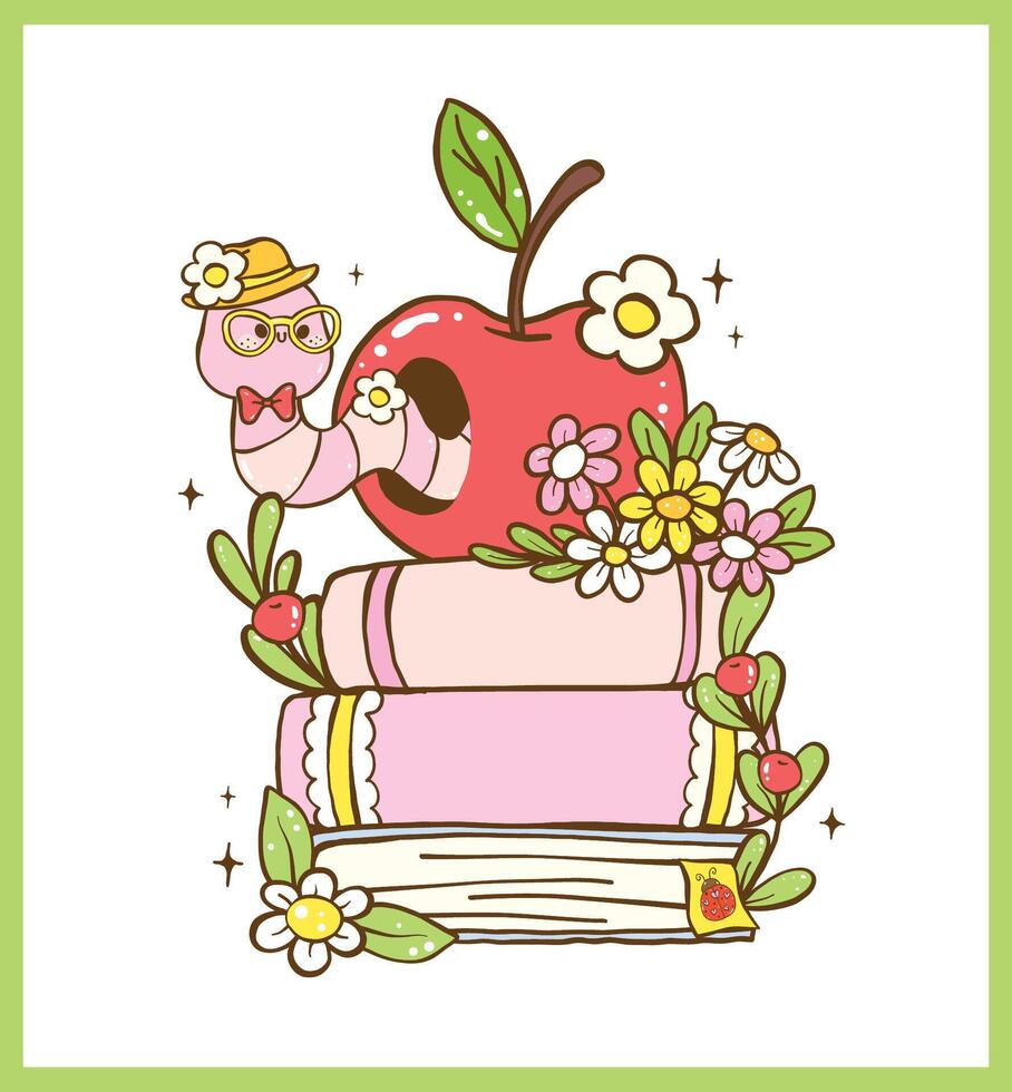 Cute Bookish Spring Animal Reading, Nerd Worm in Apple on stack book Cartoon Doodle Illustration with Happy Smile vector