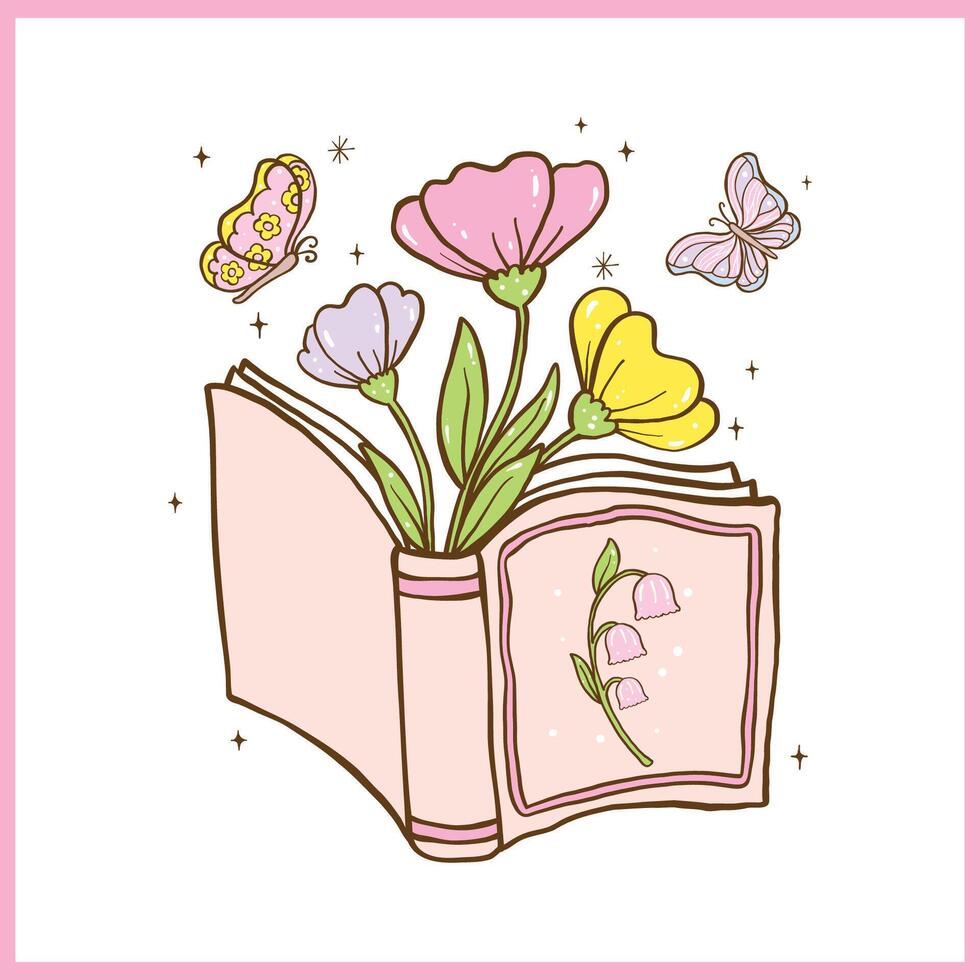 Cute Pastel Bookish Spring Reading Open Book with Flowers and butterfly Cartoon Doodle Illustration vector
