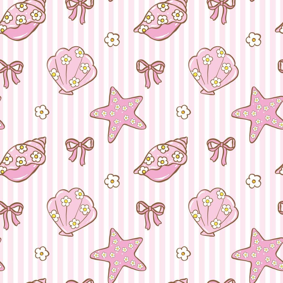 Cute Groovy Pastel Summer Seamless Pattern Coastal Seashell with Flower Pattern wallpaper vector