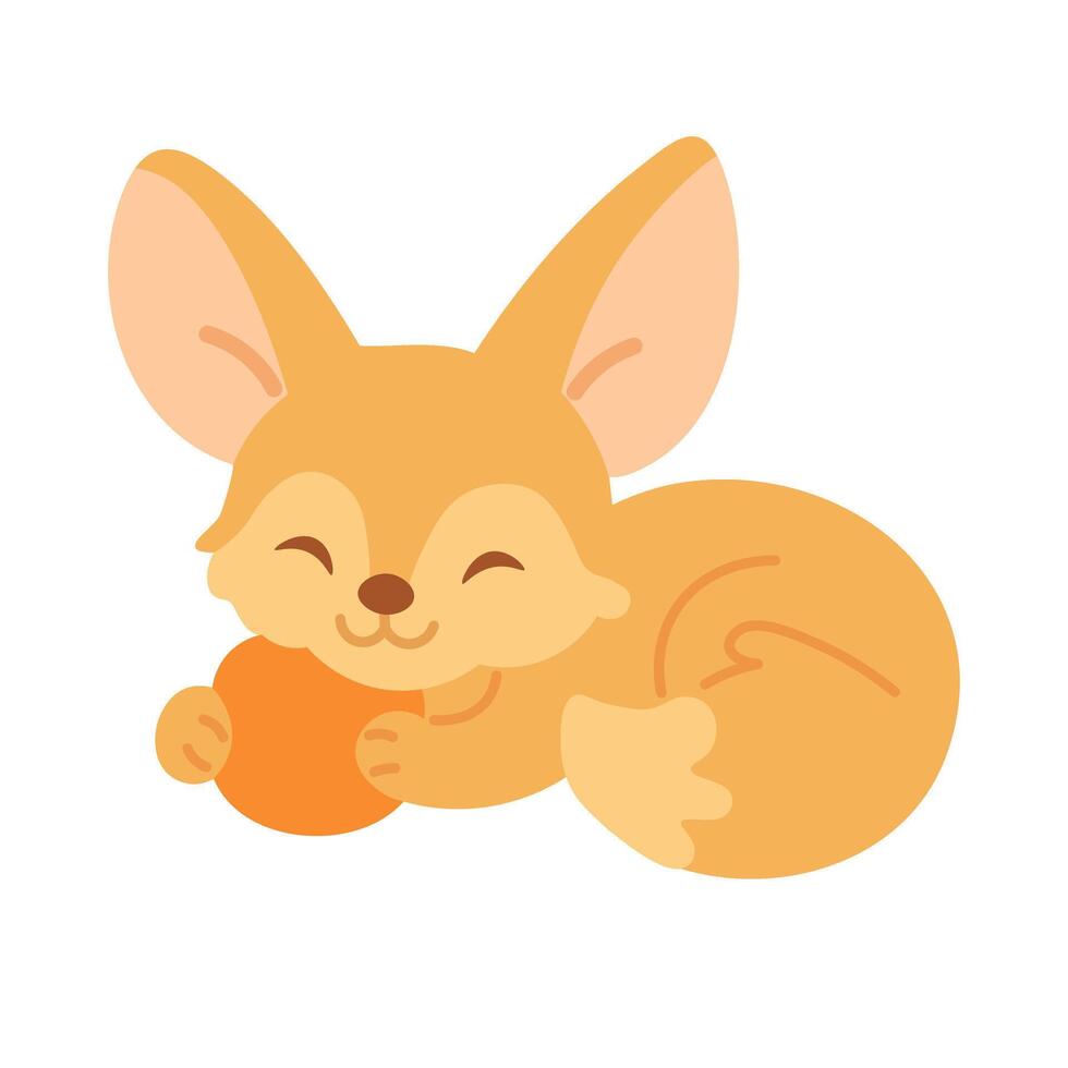 Adorable cartoon fennec fox sleeping and hugging a ball. Flat clipart, isolated on white background. vector