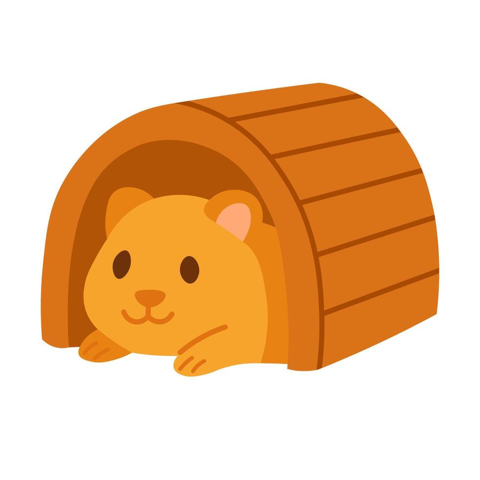 Cute hamster hiding in small wooden house. Cartoon flat style, pastel colors, isolated clipart. vector