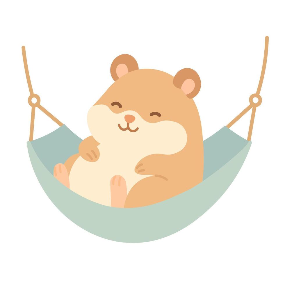 Cute hamster resting in hammock. Cartoon flat style, pastel soft colors, isolated clipart. vector