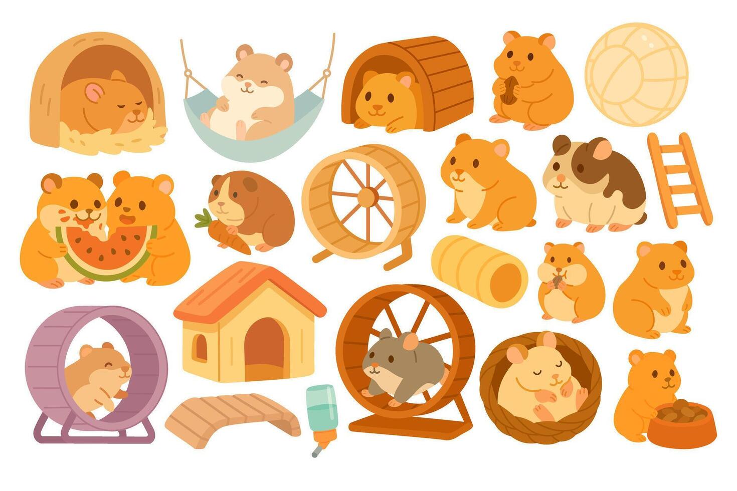 Cute hamsters and accessories set flat illustration vector