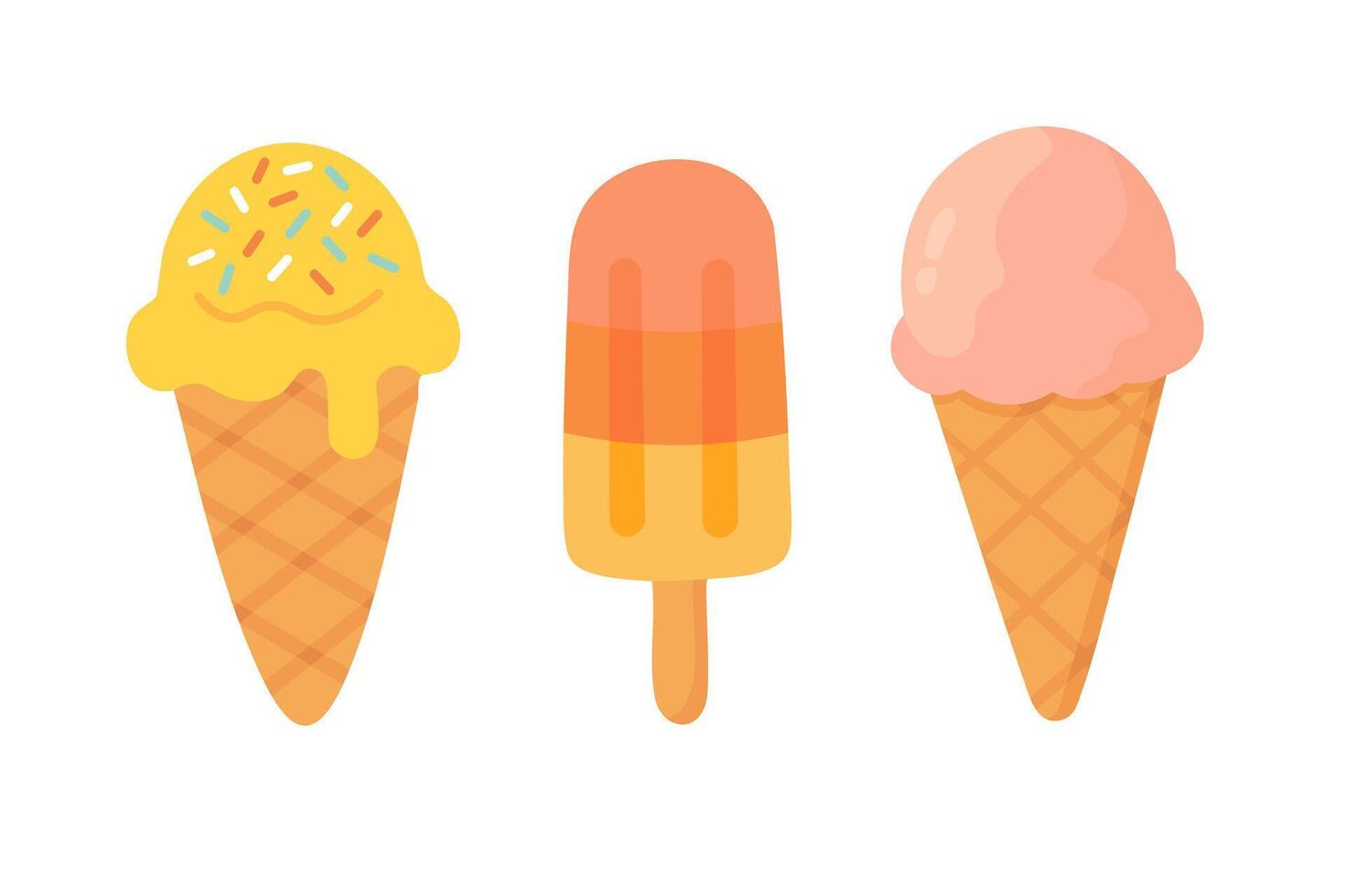 Cartoon style illustration of ice cream cones and popsicle in bright flat summer design. vector
