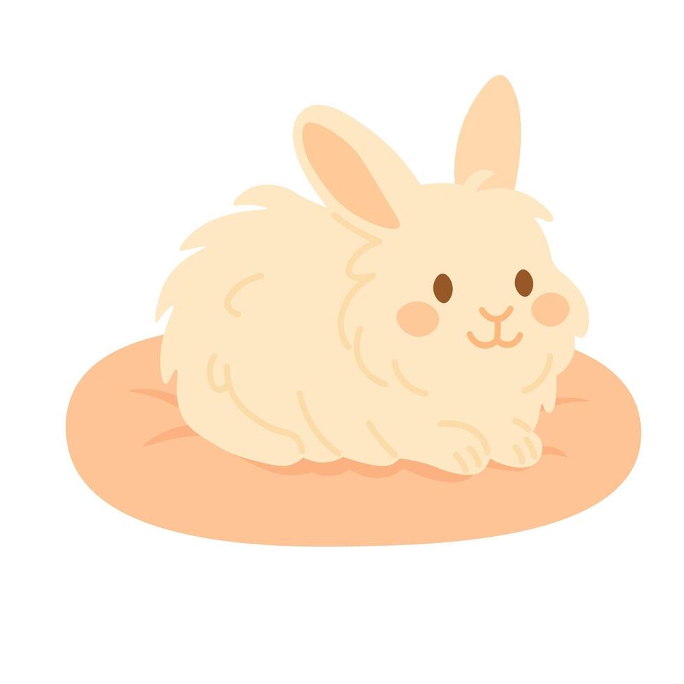 Adorable fluffy rabbit resting on soft pillow. Flat cartoon clipart, isolated on white background. vector
