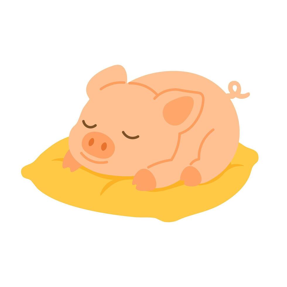 Adorable cartoon piglet sleeping peacefully on a soft pillow. Flat clipart, isolated on white background. vector