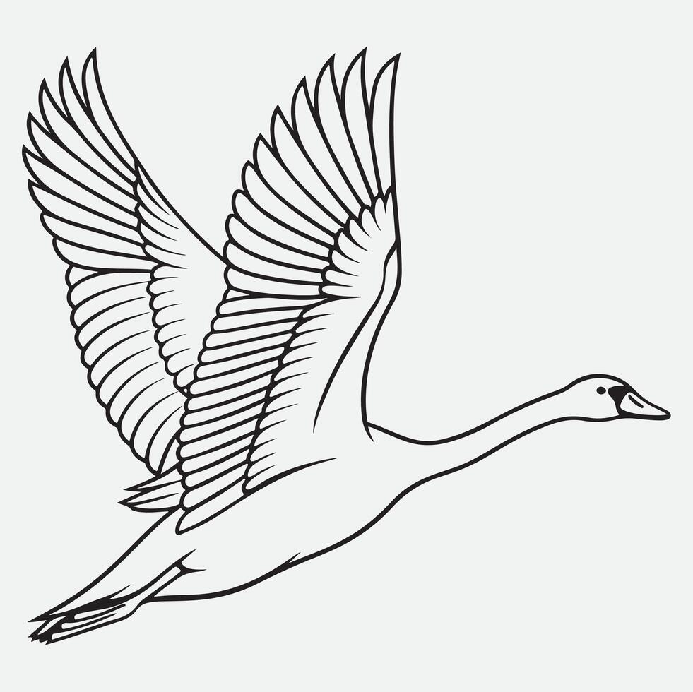 A black and white drawing of a goose flying vector