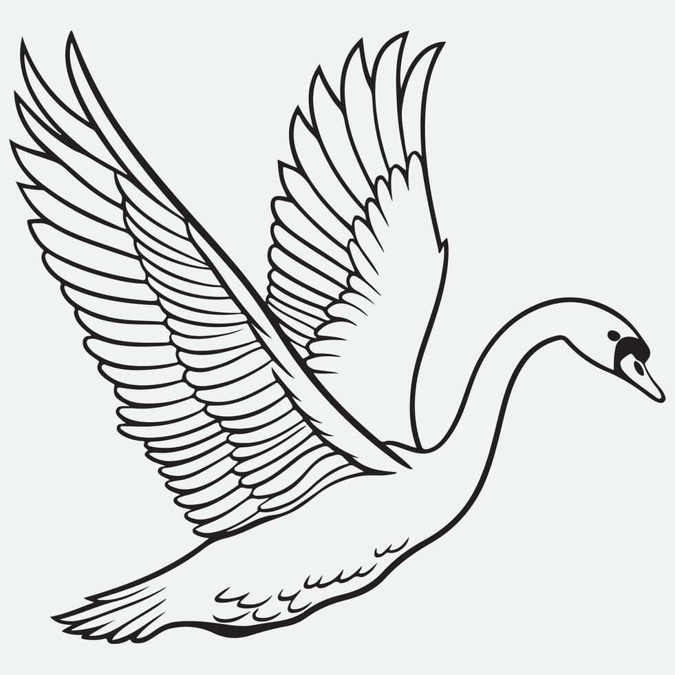 A black and white drawing of a swan flying vector