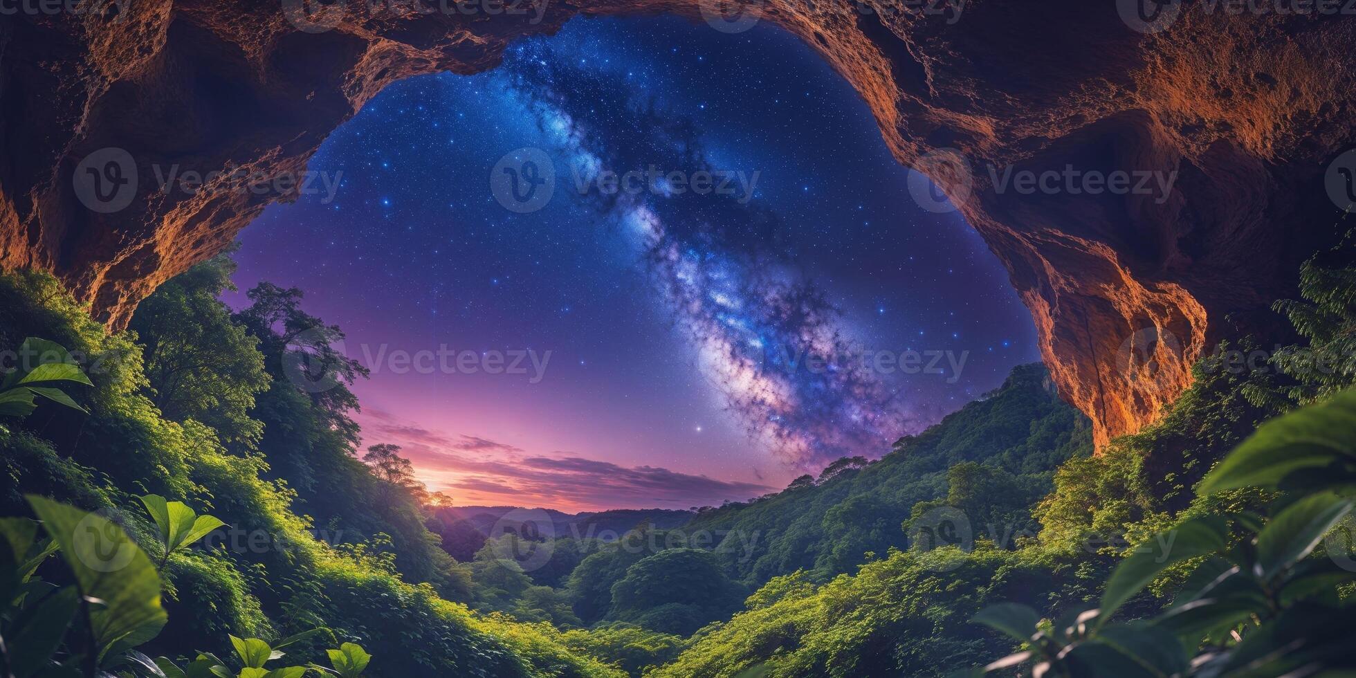The milky way in a cave with green trees and a starry sky photo