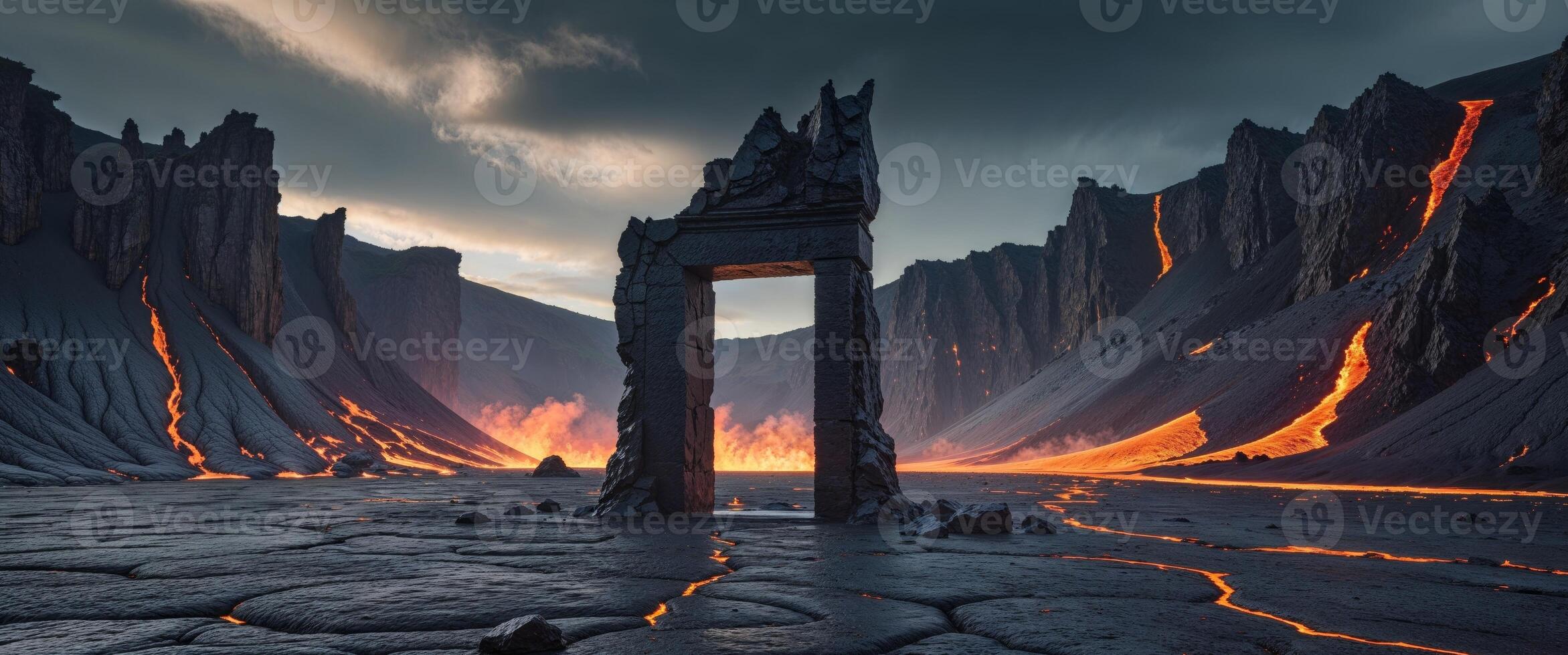 An Ancient Lava Portal in a Dramatic Volcanic Landscape with Jagged Rocks and Fiery Rivers photo
