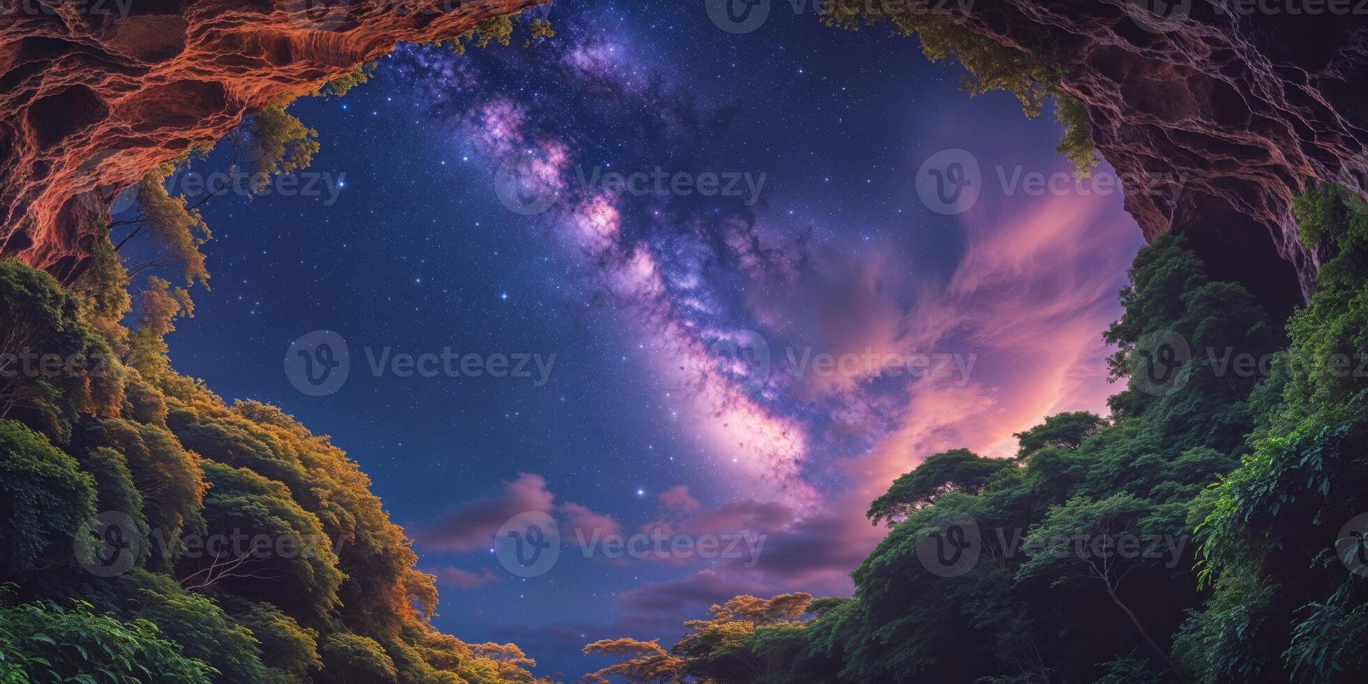 Night Sky View from a Cave Opening Lush Greenery Starry Night Peaceful Scene. photo