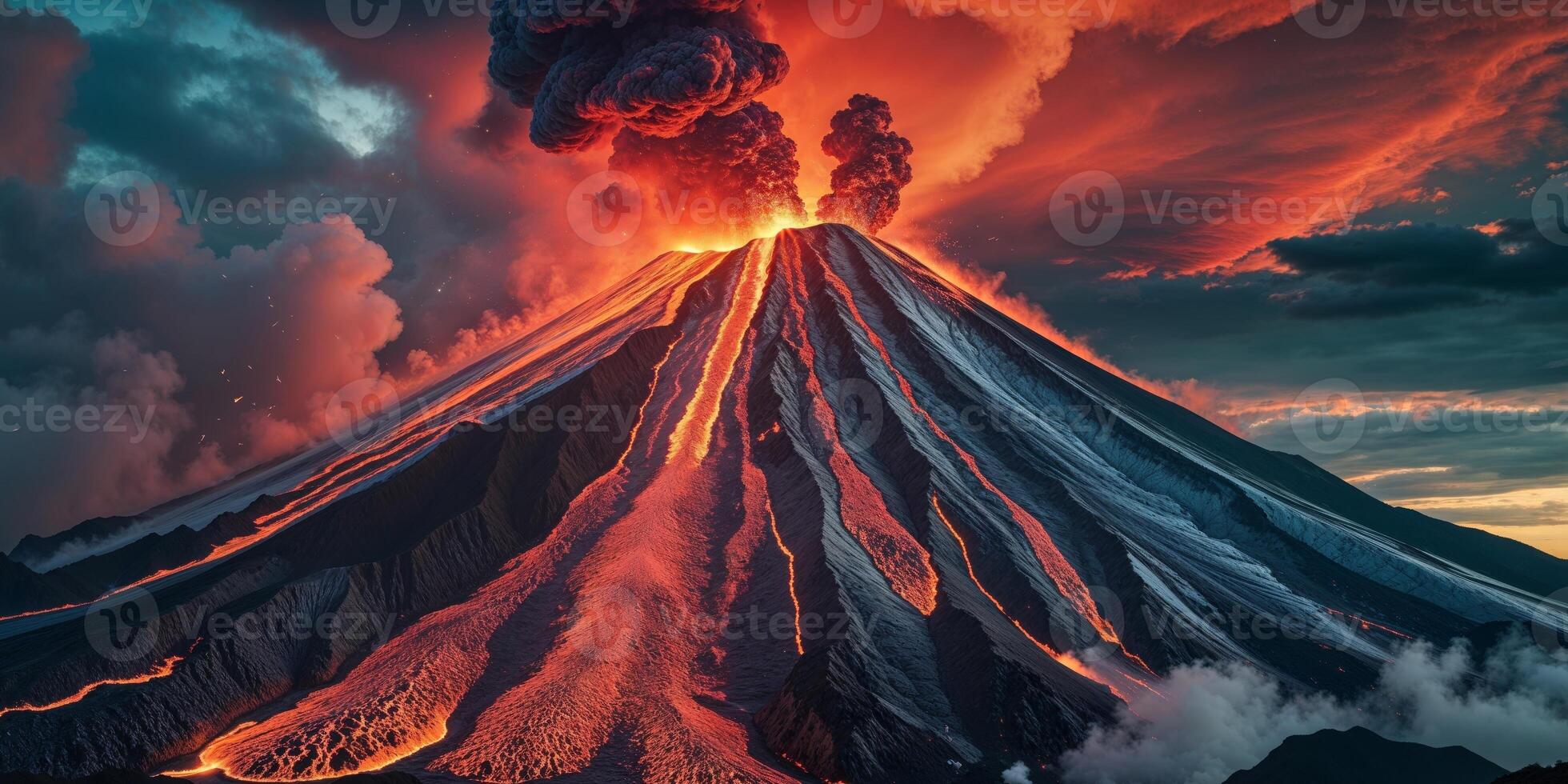 Erupting Volcano at Sunset with Lava Flowing and Dramatic Sky in Background. photo