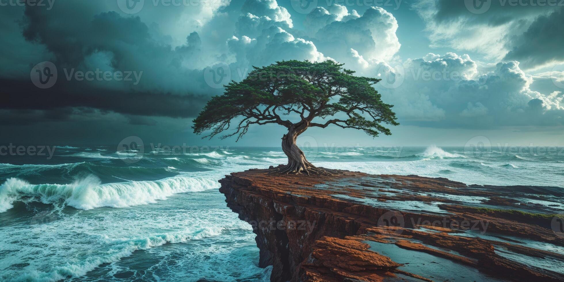 Solitary Tree on a Rocky Outcropping in a Turbulent Ocean. photo