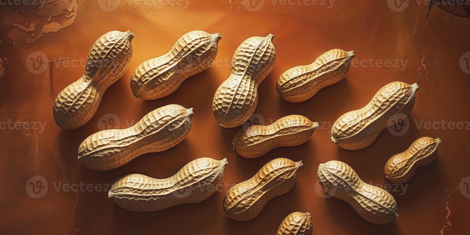 Several peanuts are placed on a matching orange background. photo