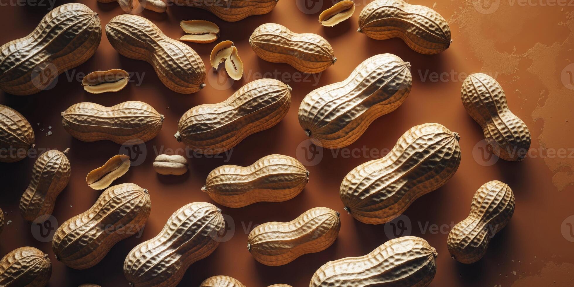 Several peanuts are placed on a matching orange background photo