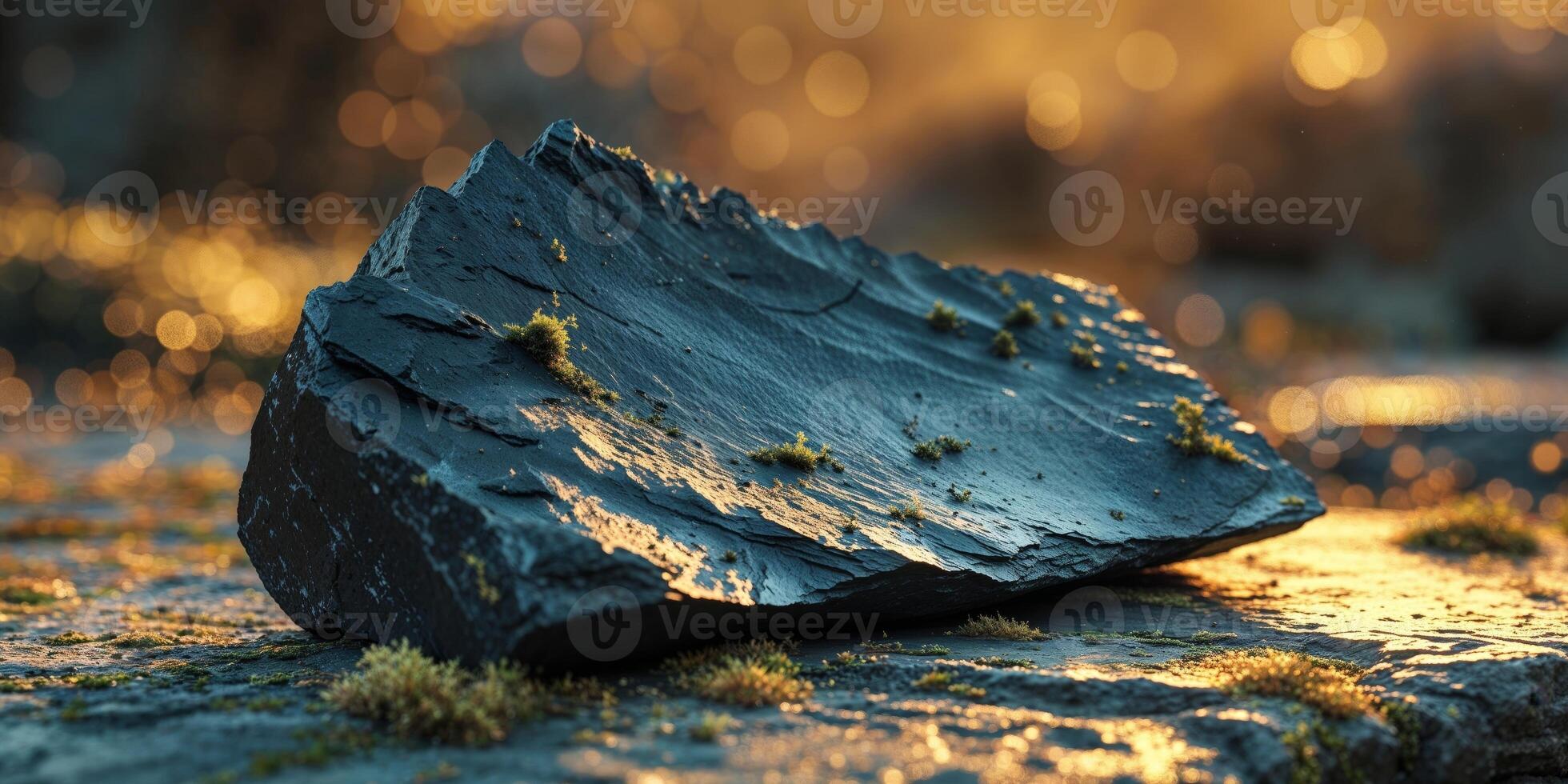 Dark slate rock with rough texture placed on stone surface in natural outdoor setting photo