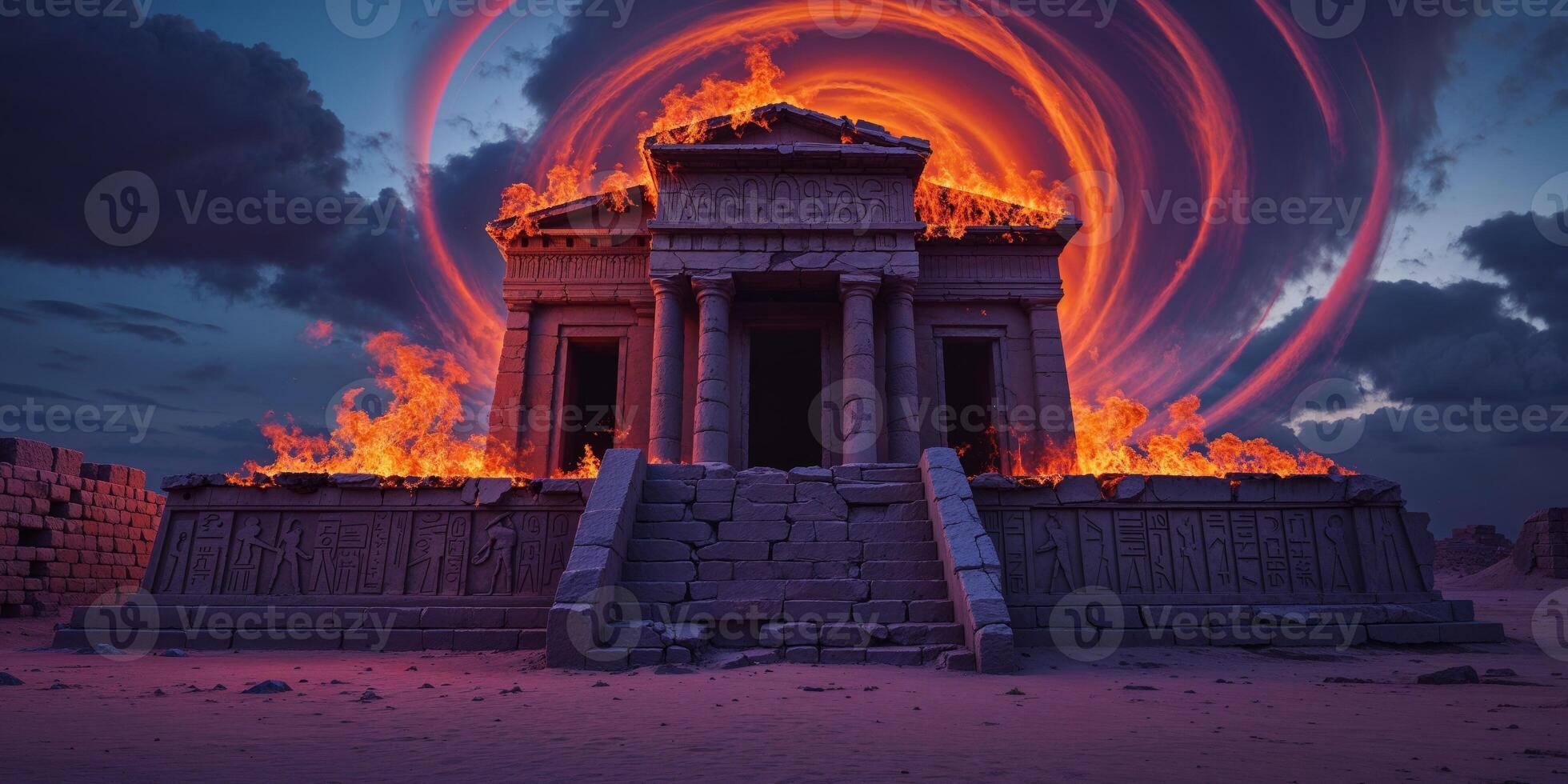 Ancient temple engulfed in flames at twilight. photo