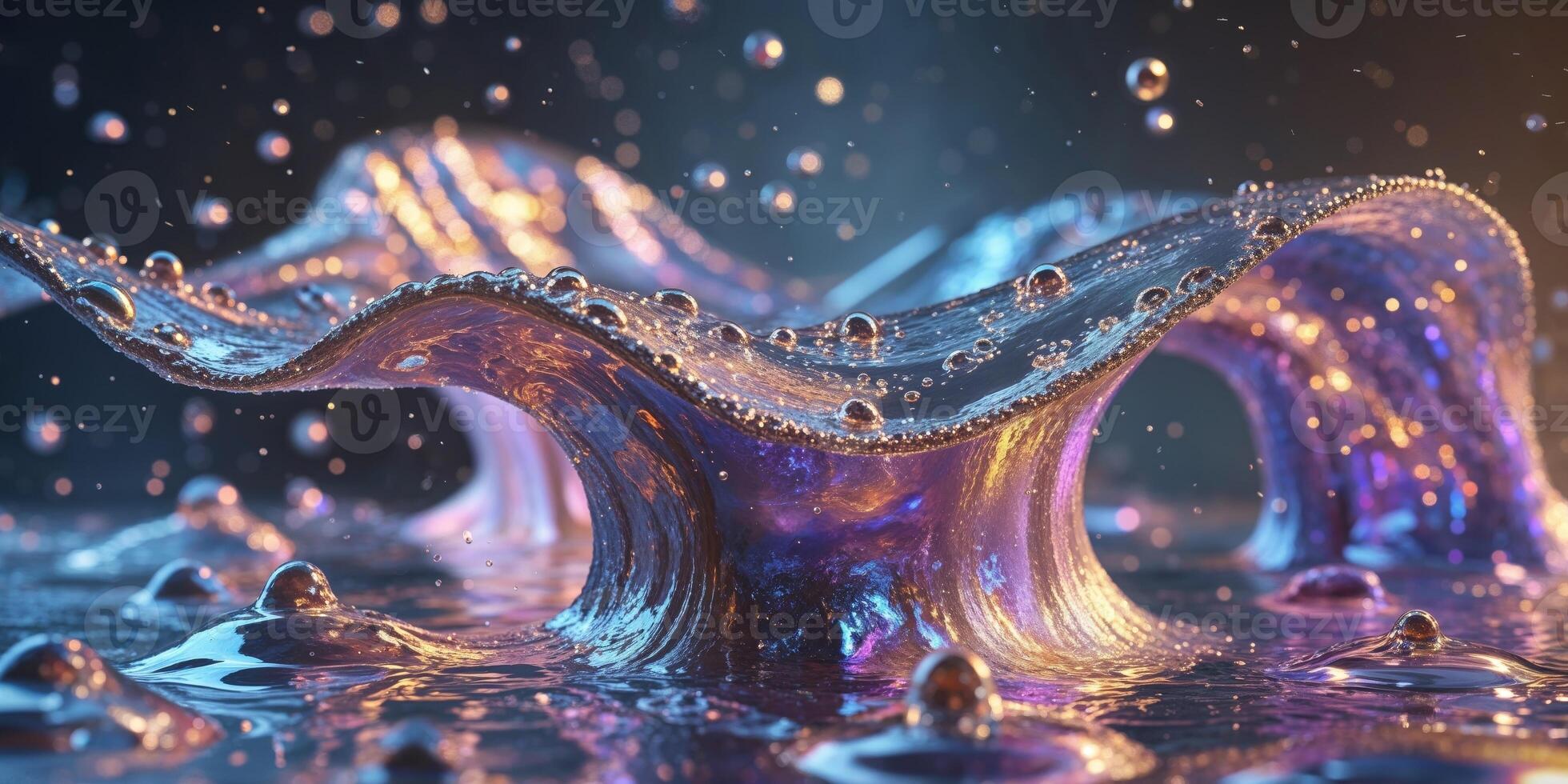 Abstract water drops on glass with metallic flow and reflections. photo