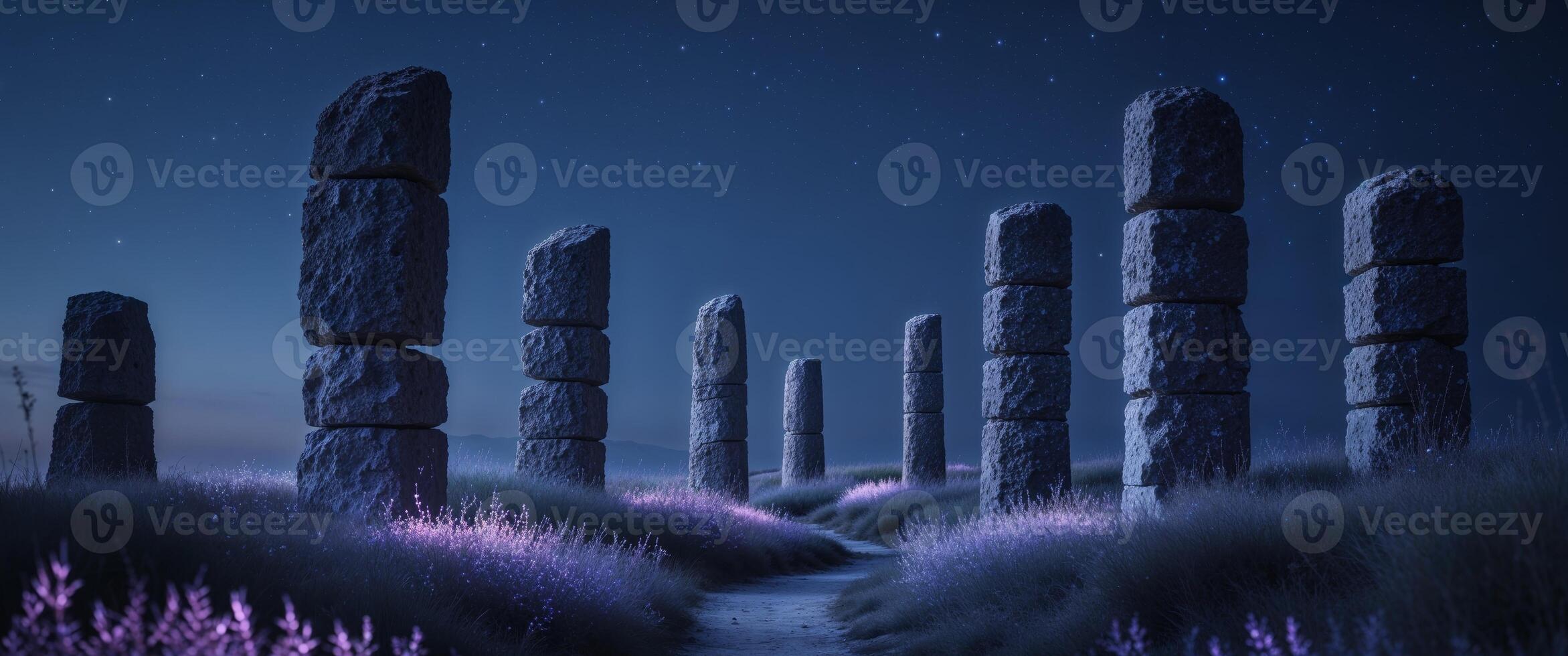A path through a field of tall stone pillars photo