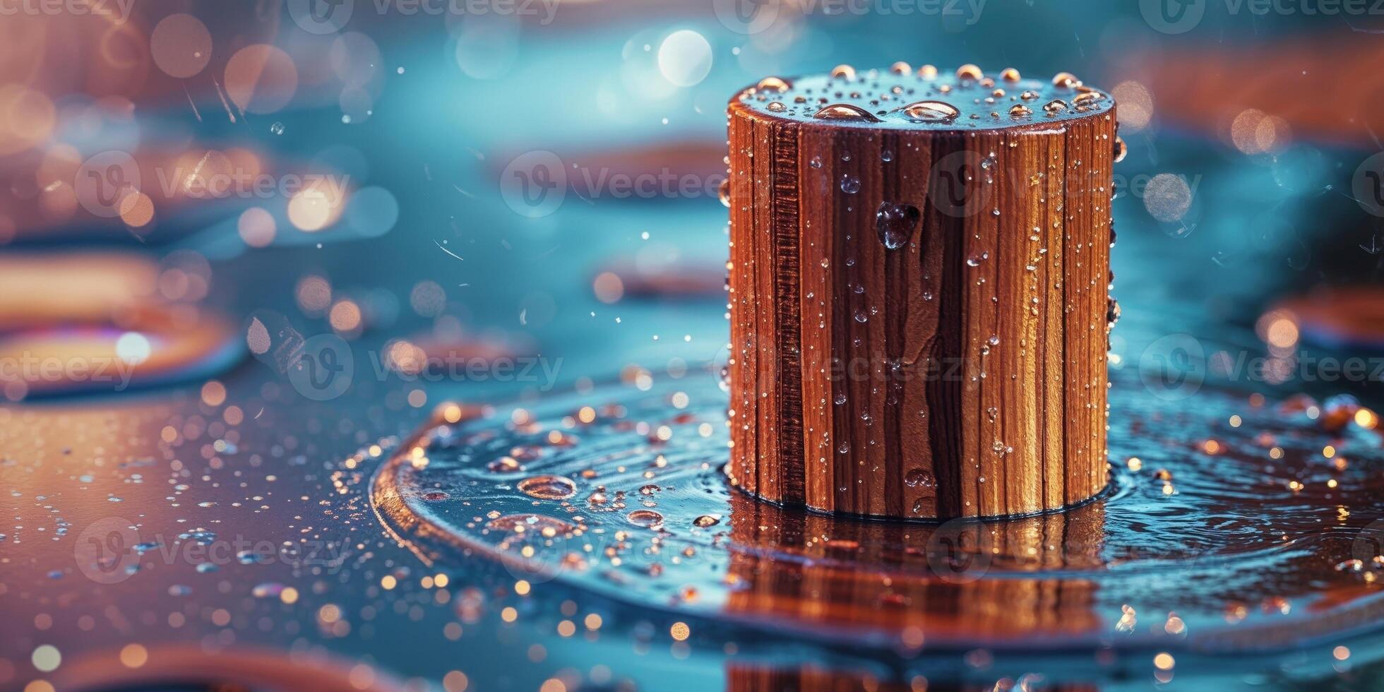 Wooden Cylinder on Wet Surface Shows Reflections and Interesting Texture photo