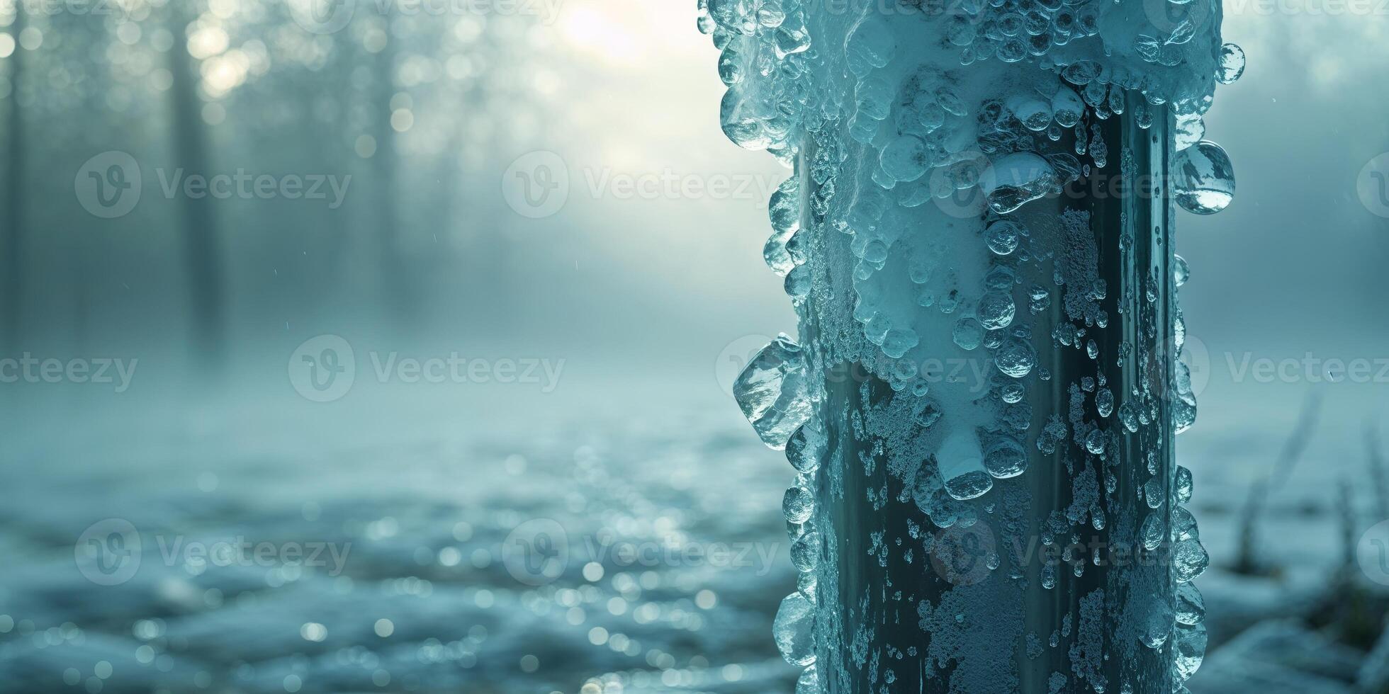A frosty metal pole covered with ice in foggy weather photo