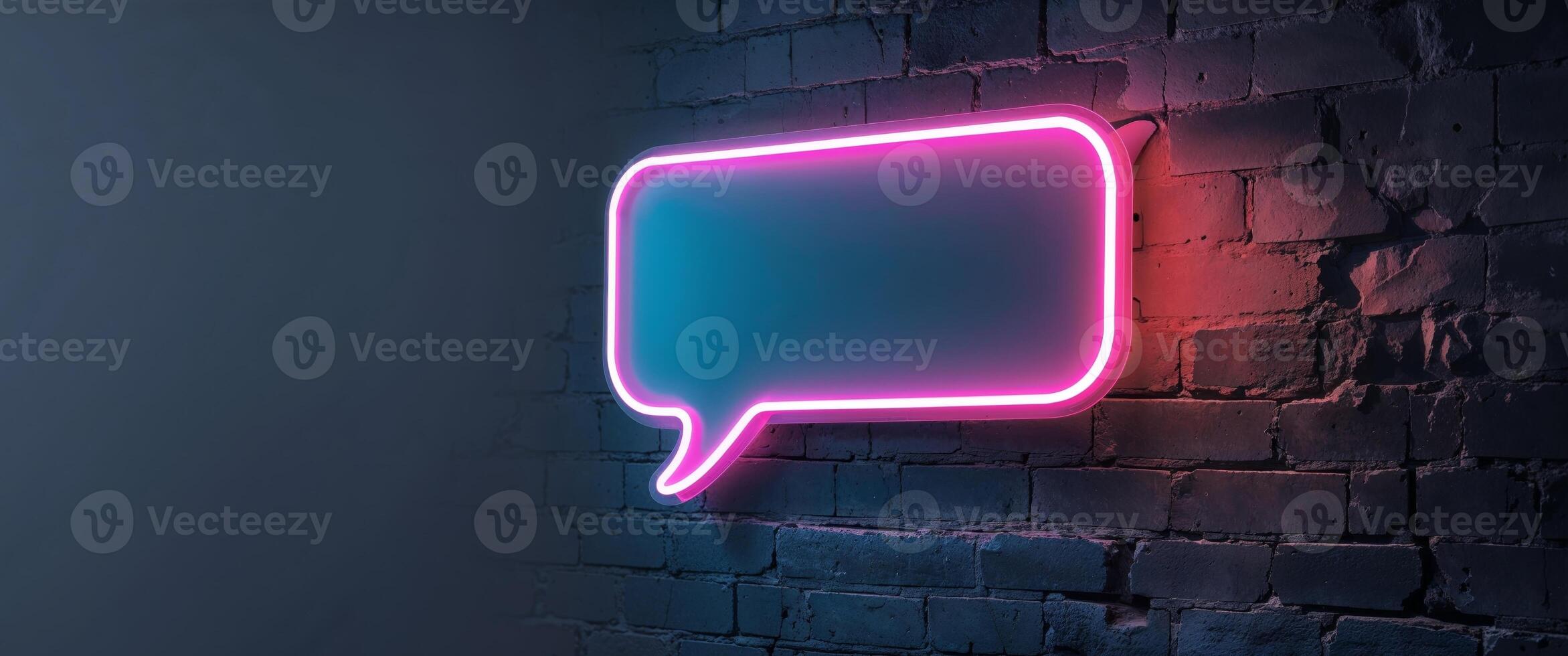 Glowing Speech Bubble Neon Sign on Brick Wall Background Template. photo