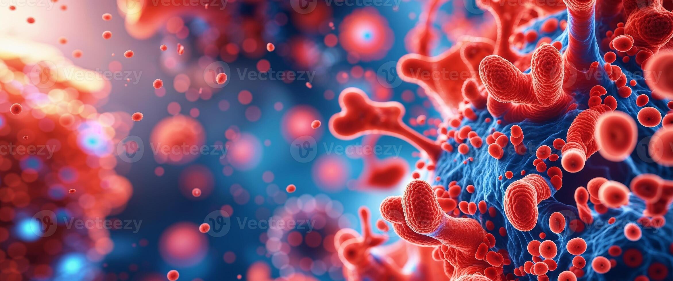 Microscopic view Red and orange cellular structures with blue highlights. photo