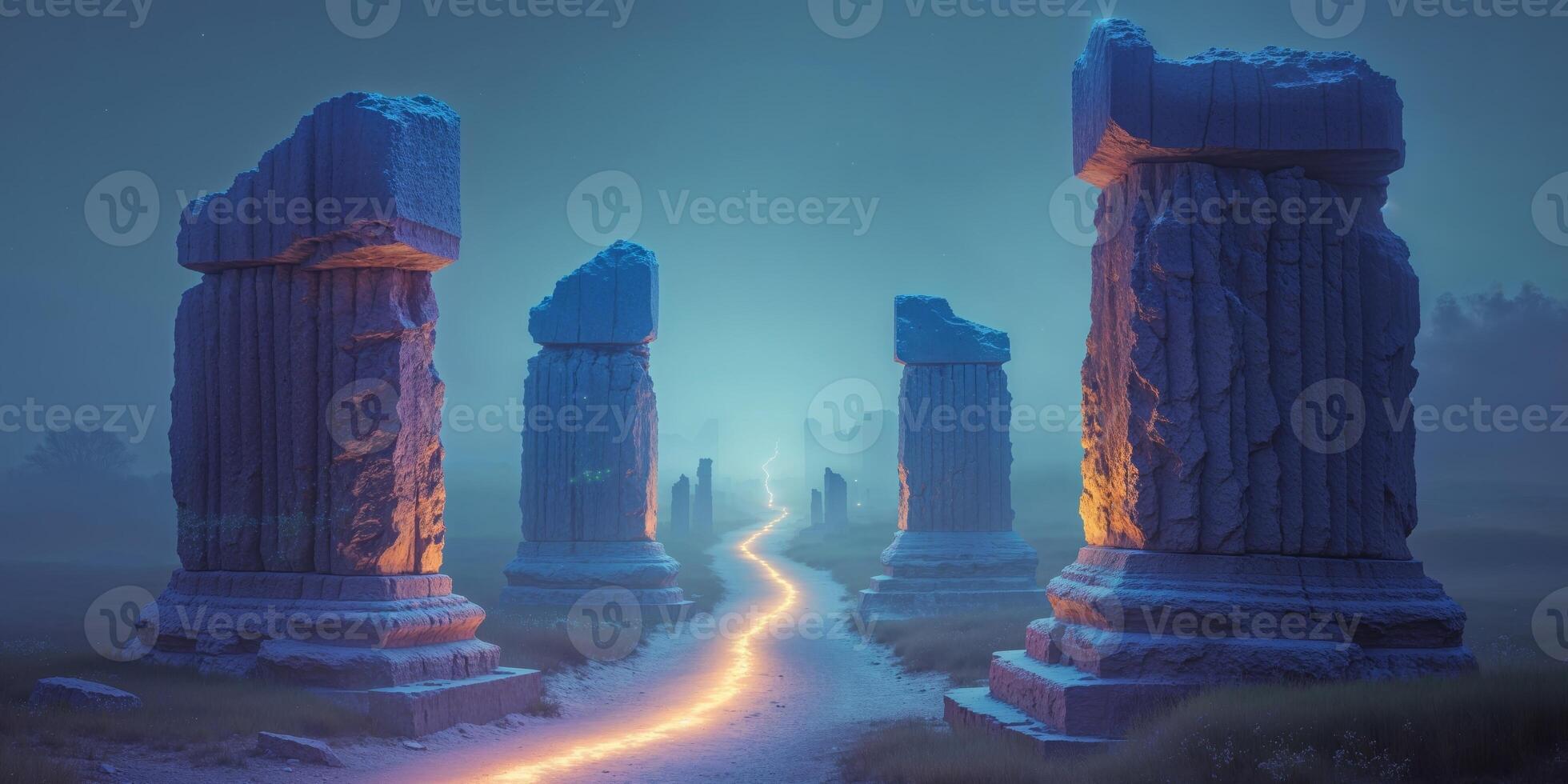 Mystical Stone Pillars and Glowing Path in a Tranquil Night Landscape photo