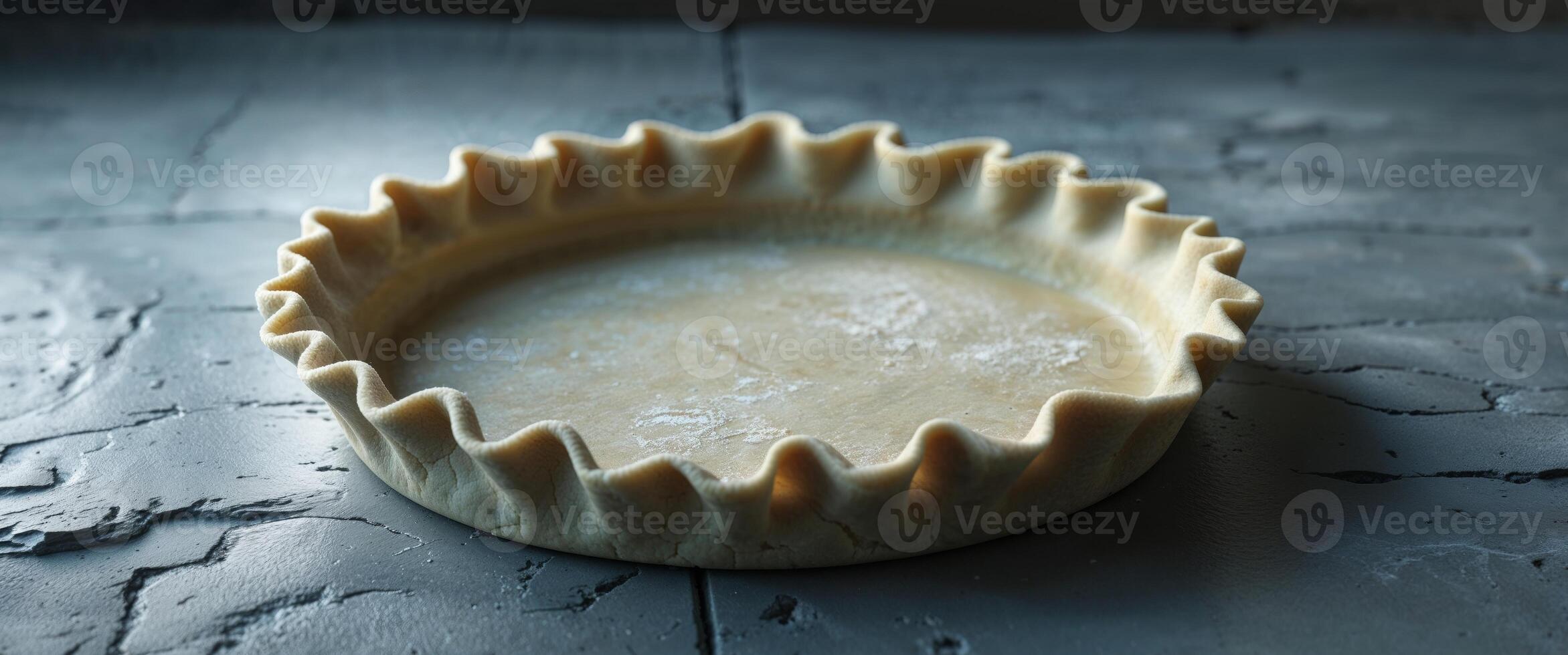 Empty rustic pie crust on textured gray stone surface with moody lighting showcasing artisanal baking preparation and fine culinary craftsmanship photo