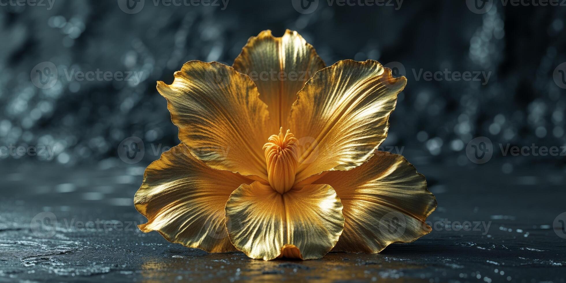 Golden flower displayed prominently on a dark textured surface. photo