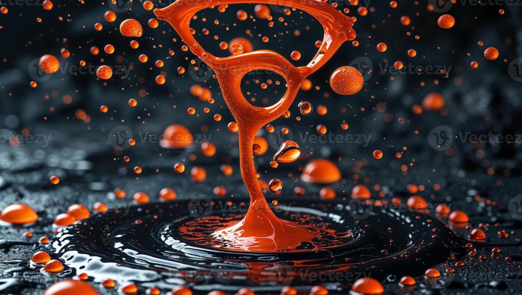A red liquid splashing into a black water drop photo