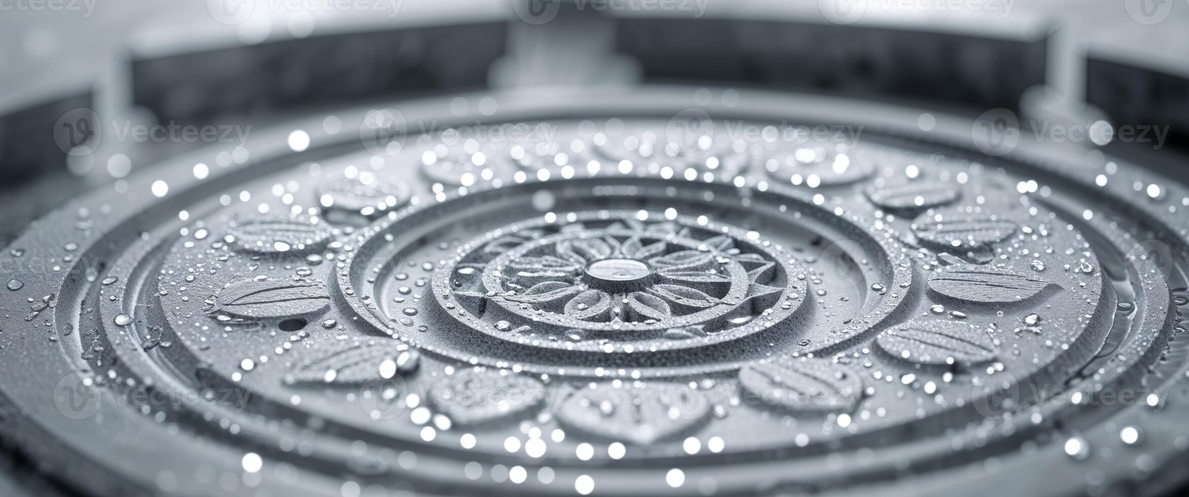 A circular design with water droplets on it photo