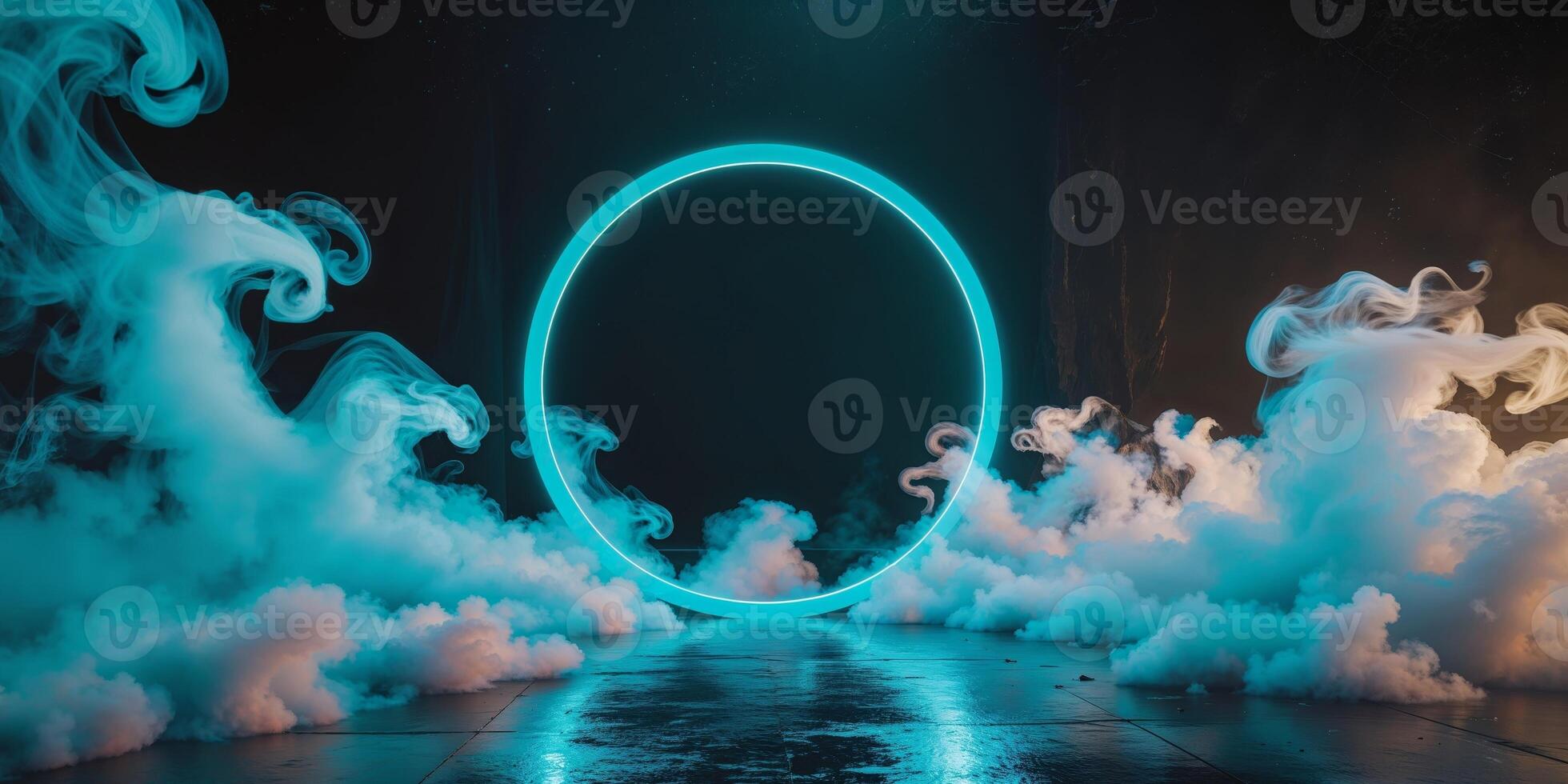 A blue circle surrounded by smoke and fog photo