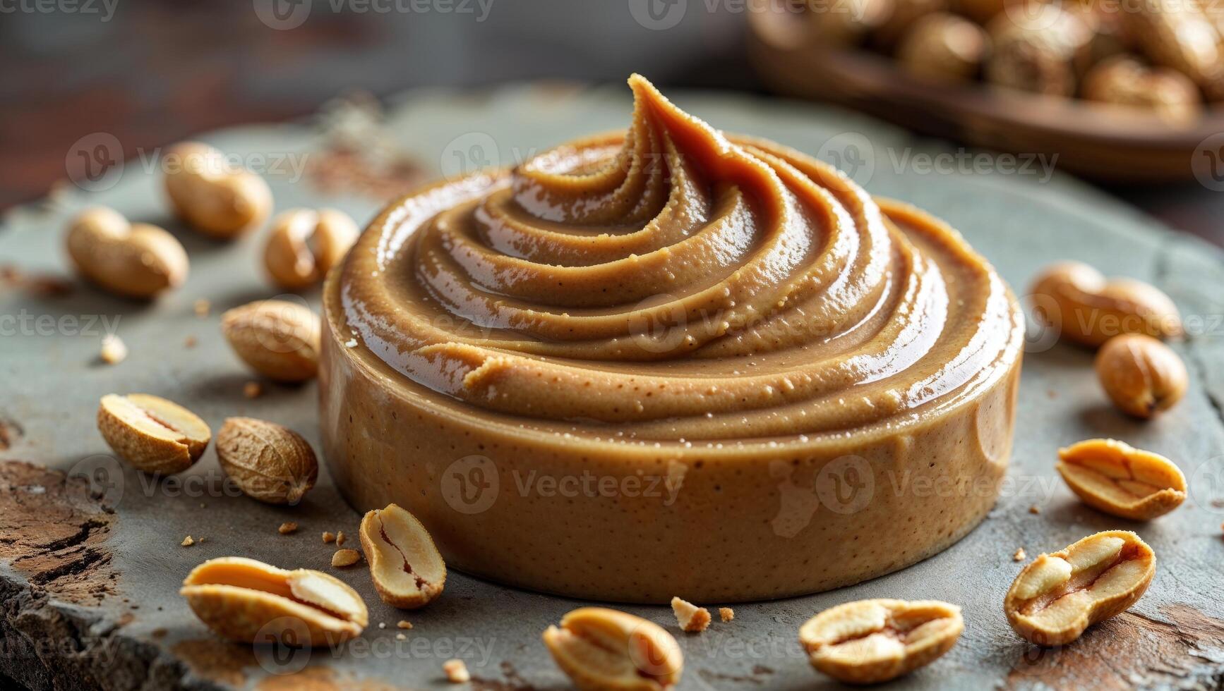 Creamy peanut butter and peanuts on a textured surface photo