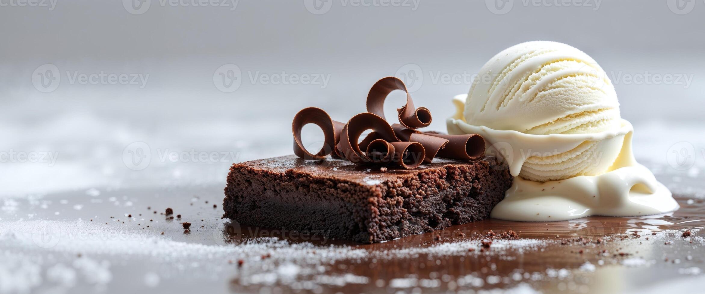 Decadent chocolate curls on brownie with ice cream for dessert inspiration photo