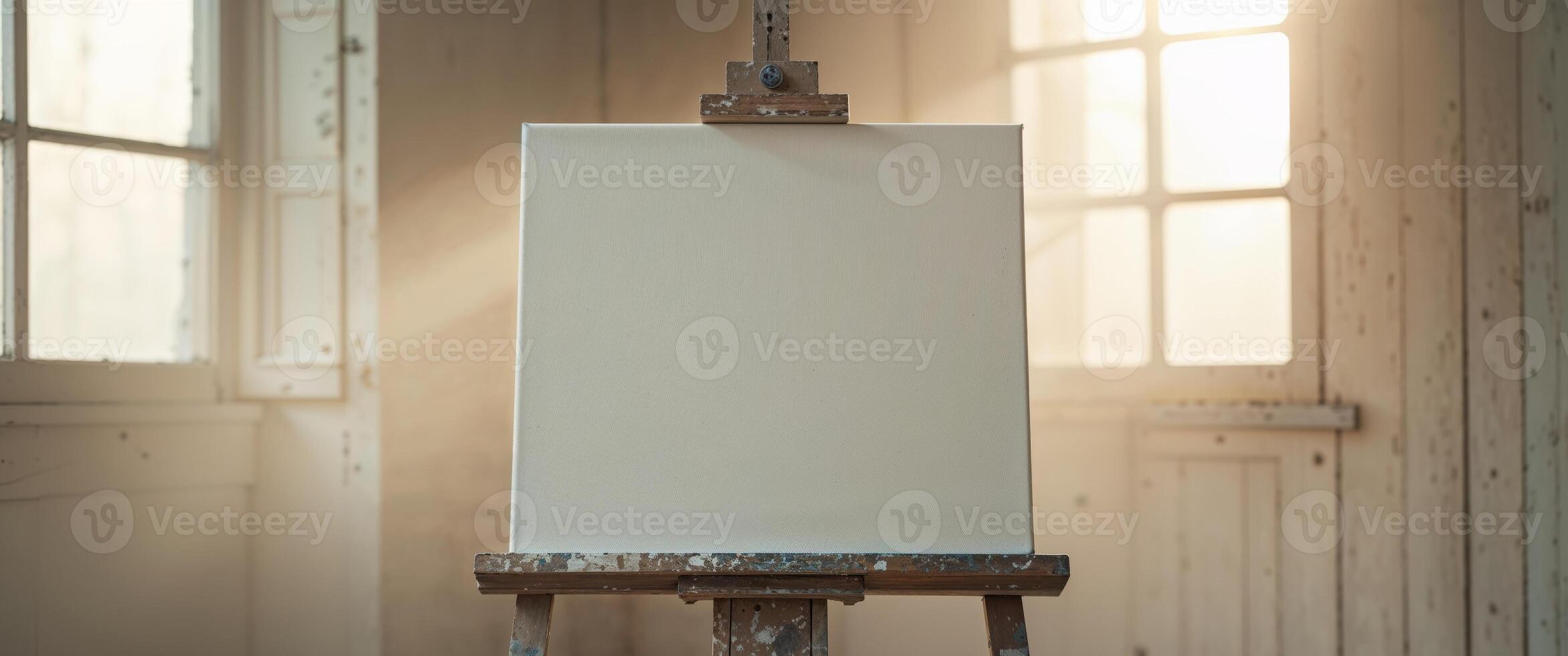 Blank Canvas On Wooden Easel In Room With Sunlight. photo